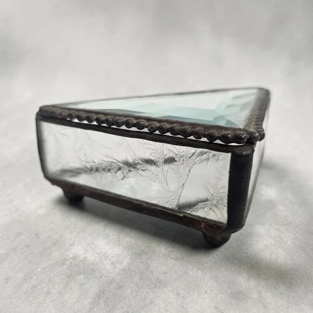Vintage Etched Clear Beveled Leaded Glass Jewelry Triangle Art Deco Box Trinket